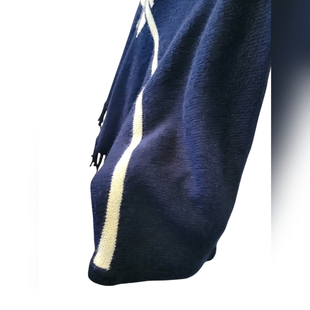 NY Collection Navy Blue and Cream Aztec Fringe Poncho Sweater - Picture 2 of 5